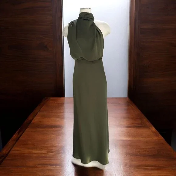 slim fit dress slacks Riviera Soft Satin Maxi Gown | Olive | Debs & Prom main image 1